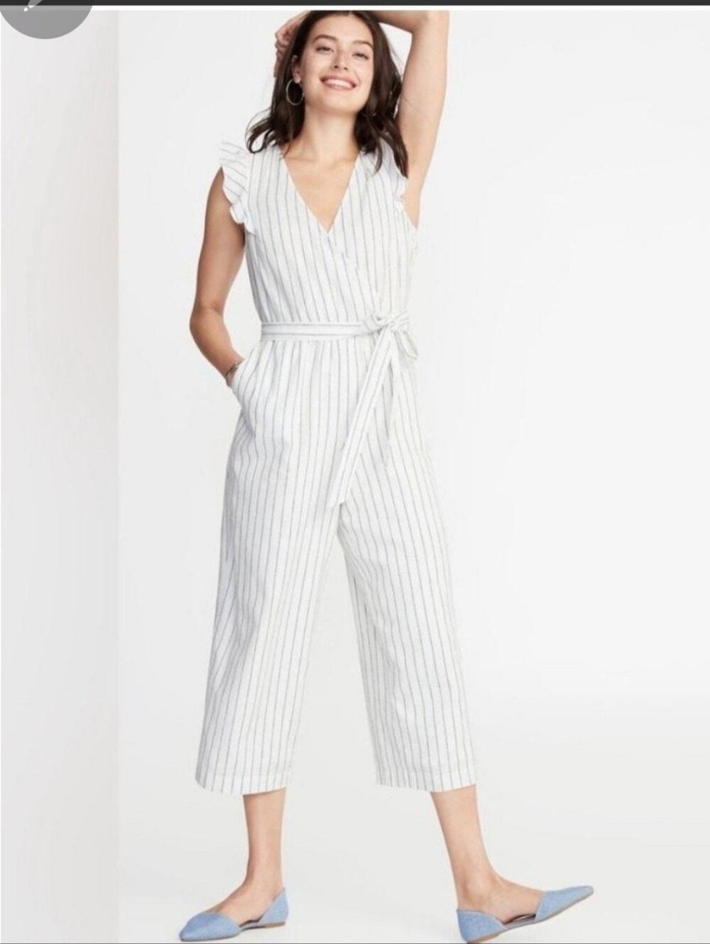 Striped White V-Neck Linen  Tie-Waist Jumpsuit Sz L